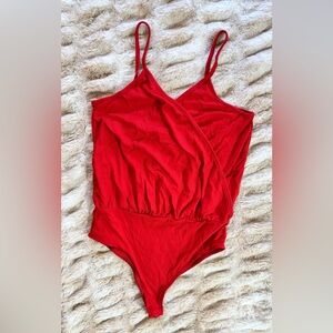Tally Weijl - Red Ribbed Wrap-Front Bodysuit with Spaghetti Straps